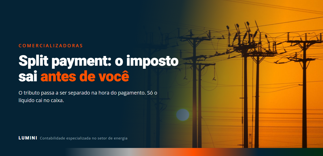 Linhas de transmissão ao pôr do sol, representando o efeito do split payment no caixa de quem vende energia